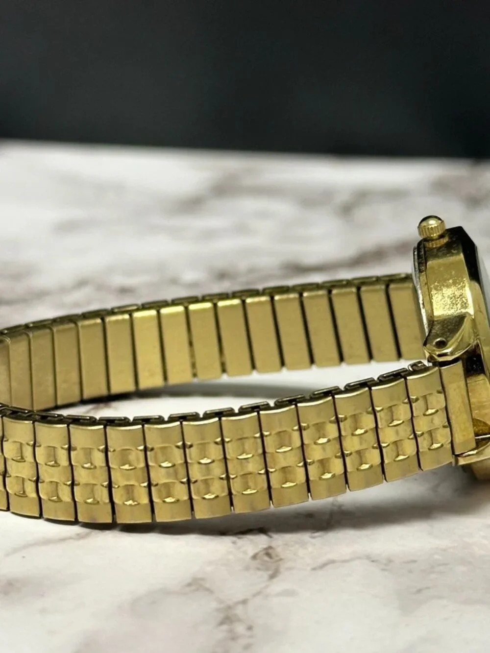 Armitron Watch Women Gold Tone Black Dial Stretch Band New Battery 6.75 Inch